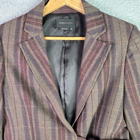 BCBGMaxAzria Plaid Blazer Brown Satin Hem Bow Tailored Designer Preppy Statement - Picture 5 of 15